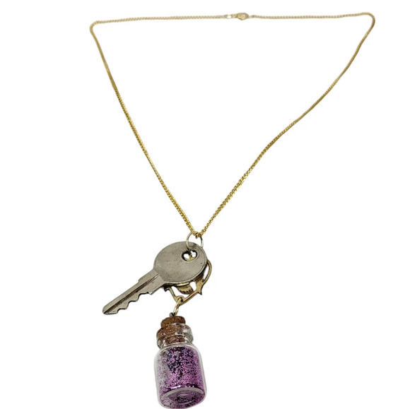 18k Gold Plated Key Heart Bird Gemstone Bottle Glass Lapis Amethyst Necklace - Picture 3 of 4